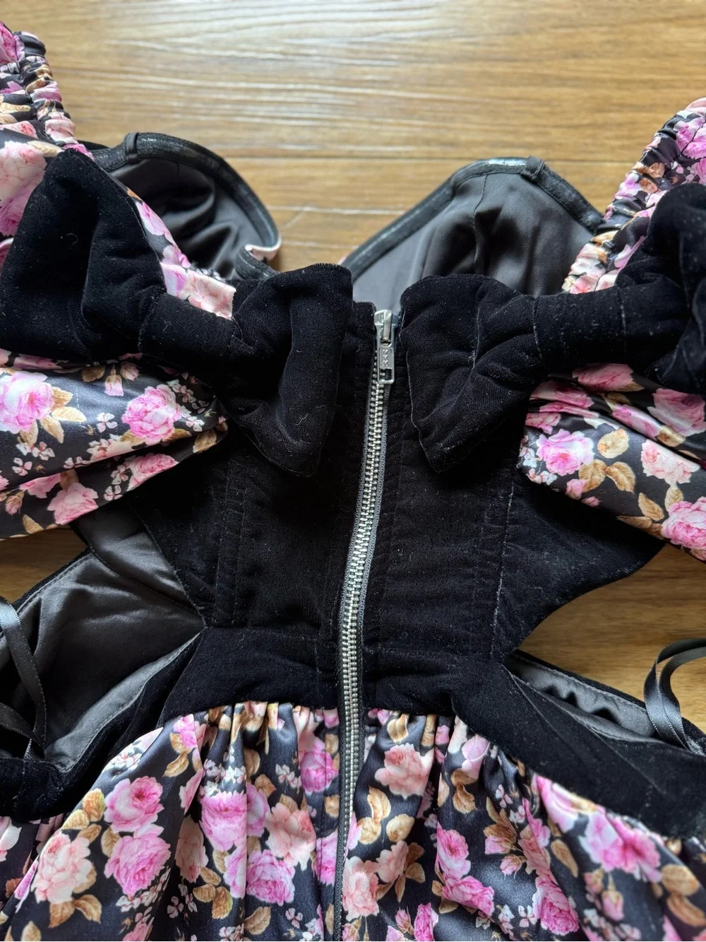 For Love & Lemons Kate Mini Dress Black Floral Puff Sleeve Corset Bubble Hem S - Picture 12 of 12
